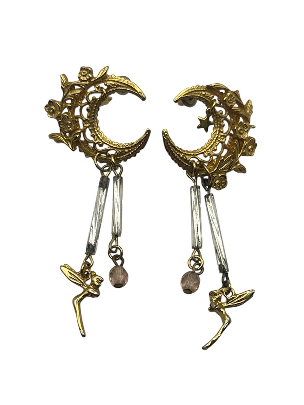 Fairy celestial crescent moon gold tone dangle boho earrings Tinker Bell vintage
